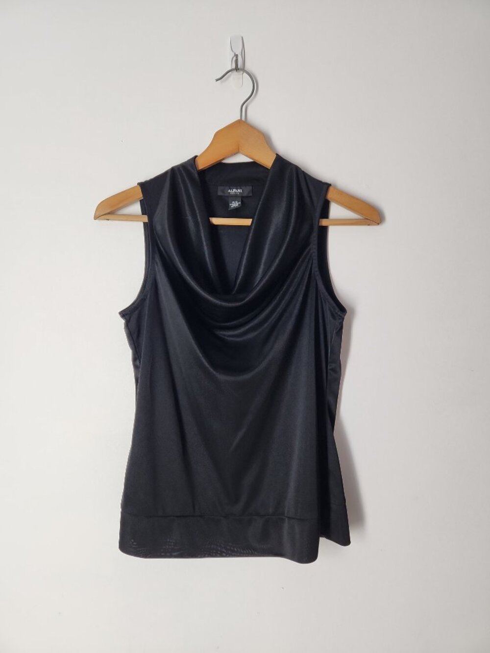Alfani black drape cowl neck elegant classy blouse top fluid satin silky S P